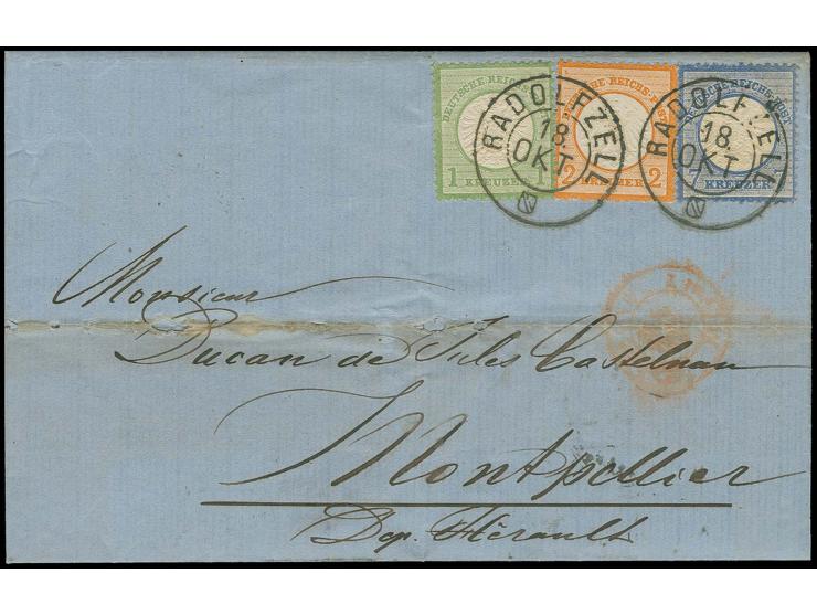  2 Kr. orange und Großer Schild 1 Kr. gelblichgrün und 7 Kr. grauultramarin mit sehr klarem Baden-DKr. "RADOLFZELL 18. OKT" a