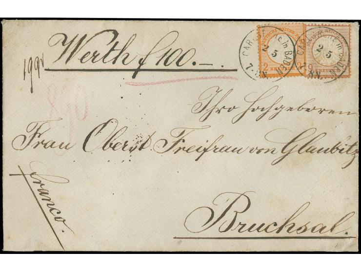 Farbänderung: 2 Kr. orange und Großer Schild 9 Kr. rotbraun (leichte Patina), beide farbfrisch, gut gezähnt und mit schöner P