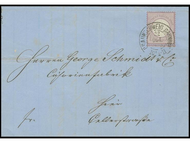 ¼ Gr. grauviolett mit Braunschweig-DKr. "BRAUNSCHWEIG BAHNHOF 22 OCT. 1873" als Einzelfrankatur auf Orts-Faltbrief, Kabinett