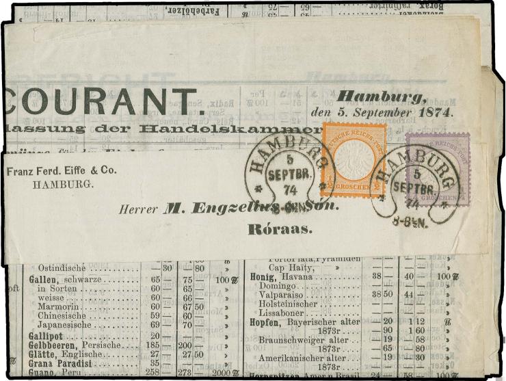 ¼ Gr. grauviolett und ½ Gr. orange mit Hufeisenstempel "HAMBURG 5 SEPTBR. 74" (Spalink-Nr. 17-9) auf kpl. Drucksachenschleife