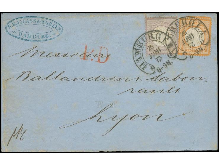  ¼ Gr. grauviolett und ½ Gr. orange mit Hufeisenstempel "HAMBURG I.A. 25 JUNI 73" auf Drucksachenfaltbrief nach Lyon, die ½ G
