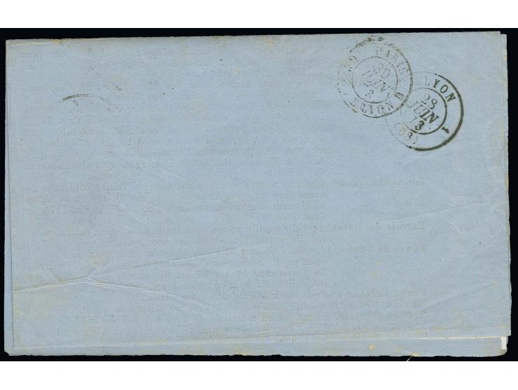  ¼ Gr. grauviolett und ½ Gr. orange mit Hufeisenstempel "HAMBURG I.A. 25 JUNI 73" auf Drucksachenfaltbrief nach Lyon, die ½ G