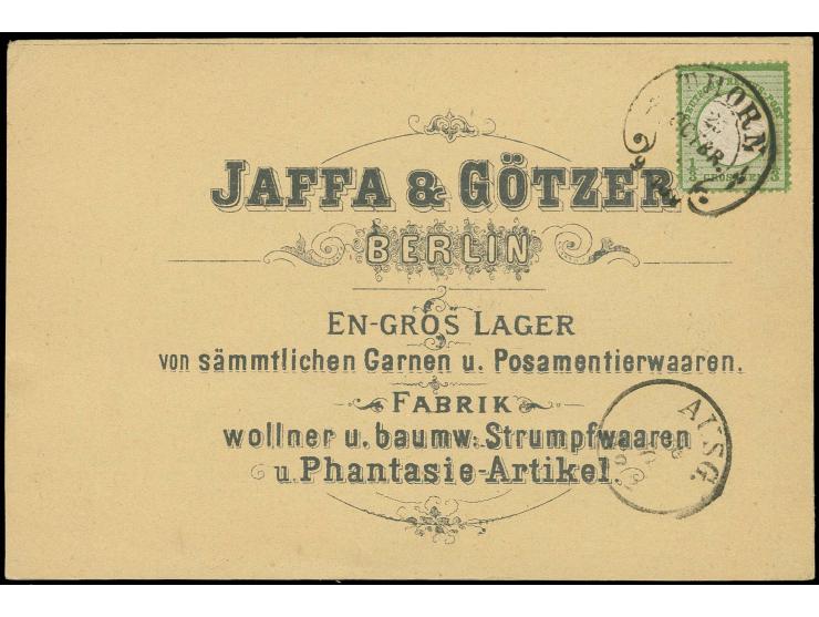 1/3 Gr. dunkelgrün mit Hufeisenstempel "THORN 25 OCTBR." (Spalink-Nr. 38-1) auf dekorativer Avis-Karte nach Flatow, Pracht, B