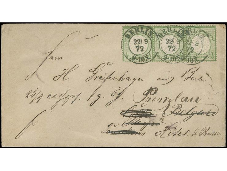 1/3 Gr. grün im waagerechten 3er-Streifen mit Preußen-DKr. "BERLIN 22/9 72" auf Brief nach Colberg und zweimal nachgesandt na