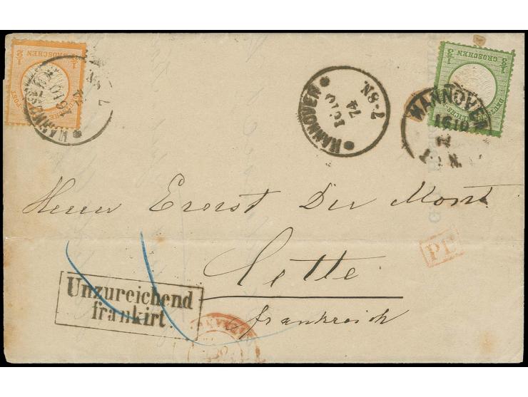  1/3 Gr. dunkelgrünlicholiv und ½ Gr. orange mit EKr. "HANNOVER 16.10.74 1-2N." bzw. "HANNOVER 16.10.74 7-8N." auf Drucksache