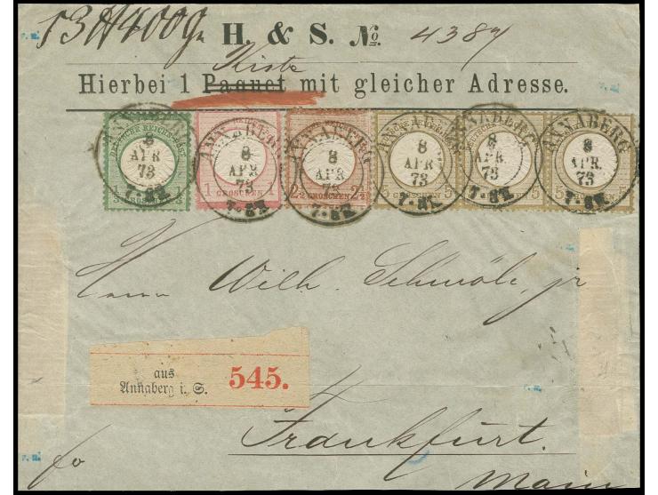 1/3 Gr. dunkelgrün, 1 Gr. rötlichkarmin, 2½ rötlichbraun und 5 Gr. ockerbraun im waagerechten 3er-Streifen, alle als Streifen