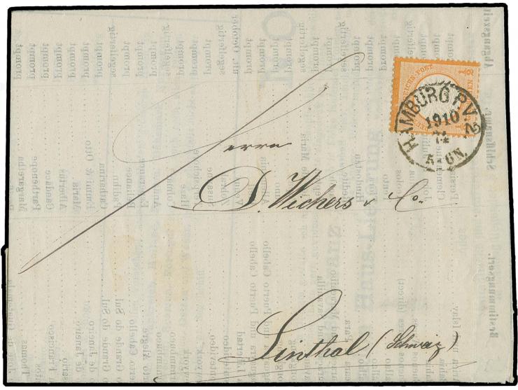 ½ Gr. orange mit EKr. "HAMBURG P.V.2. 19 10 74" auf Drucksachen-Faltbrief (transatlantische Schiffsverbindungen) in die Schwe