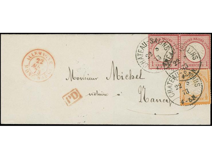  ½ Gr. orange und 1 Gr. karmin im waagerechten Paar mit klarem EKr. "CHATEAU-SALINS 22 8 73" auf kleinem Faltbrief nach Nancy