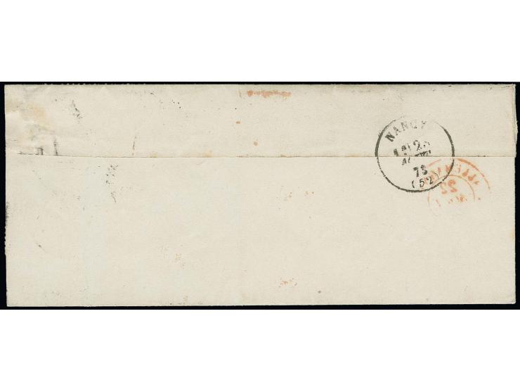  ½ Gr. orange und 1 Gr. karmin im waagerechten Paar mit klarem EKr. "CHATEAU-SALINS 22 8 73" auf kleinem Faltbrief nach Nancy