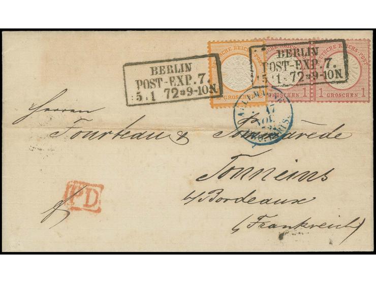  ½ Gr. orange und 1 Gr. karmin im waagerechten Paar mit Preußen-Ra3 "BERLIN / POST-EXP. 7. / 15 11 72" auf Faltbrief nach Fra