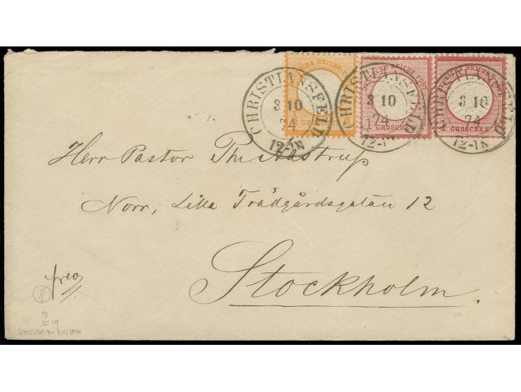 ½ Gr. orange und 1 Gr. karmin (2) mit Schleswig-Holstein-DKr. "CHRISTIANSFELD 3 10 74" auf Brief nach Stockholm mit rückseiti