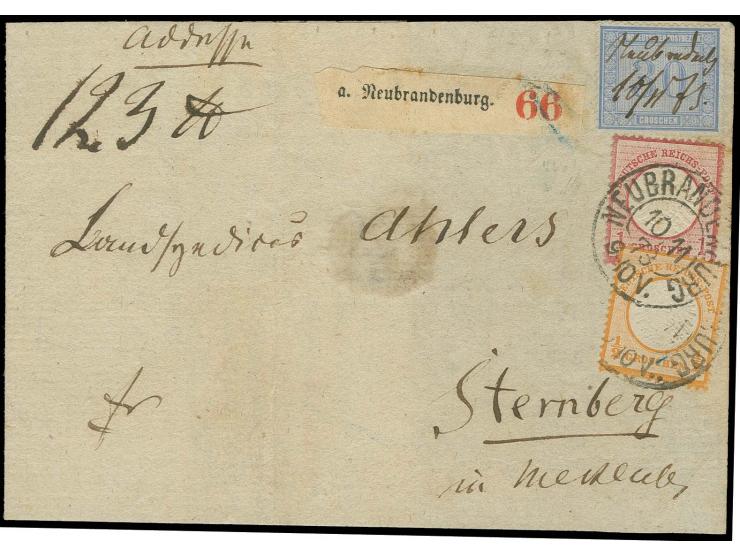 ½ Gr. orange und 1 Gr. karmin in Mischfrankatur mit NDP 1869, 30 Gr. grauultramarin mit DKr. "NEUBRANDENBURG 10 11 73" bzw. m