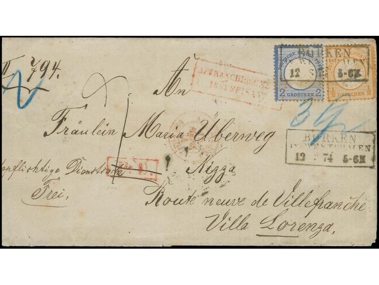  ½ Gr. orange und 2 Gr. grauultramarin mit Preußen-Ra3 "BORKEN / IN WESTPHALEN / 12 3 74" auf unzureichend frankiertem Brief 