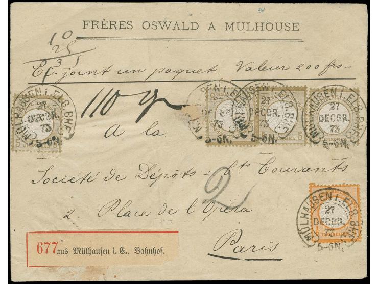  ½ Gr. orange und 5 Gr. ockerbraun (4) mit klarem Hufeisenstempel "MÜLHAUSEN i. ELS. BHF. 27 DECBR. 73" (Spalink-Nr. 26-6) au