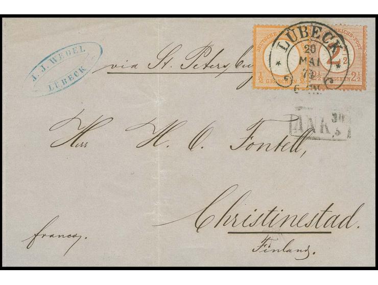 ½ Gr. orange und 2½ auf 2½ Gr. braunorange mit klarem Hufeisenstempel "LÜBECK 20 MAI 74" (Spalink-Nr. 22-4) auf Faltbrief via