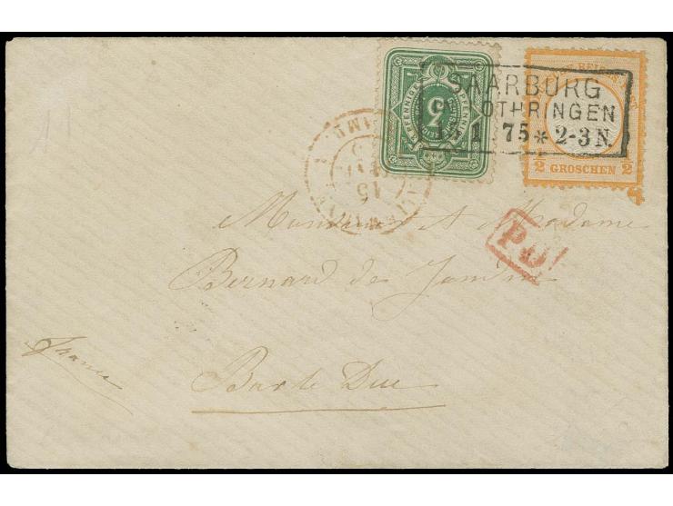 ½ Gr. orange und 1875, 3 Pfge. bläulichgrün mit Ra3 "SAARBURG / IN LOTHRINGEN / 15 1 75" auf Visitenkartenumschlag nach Frank