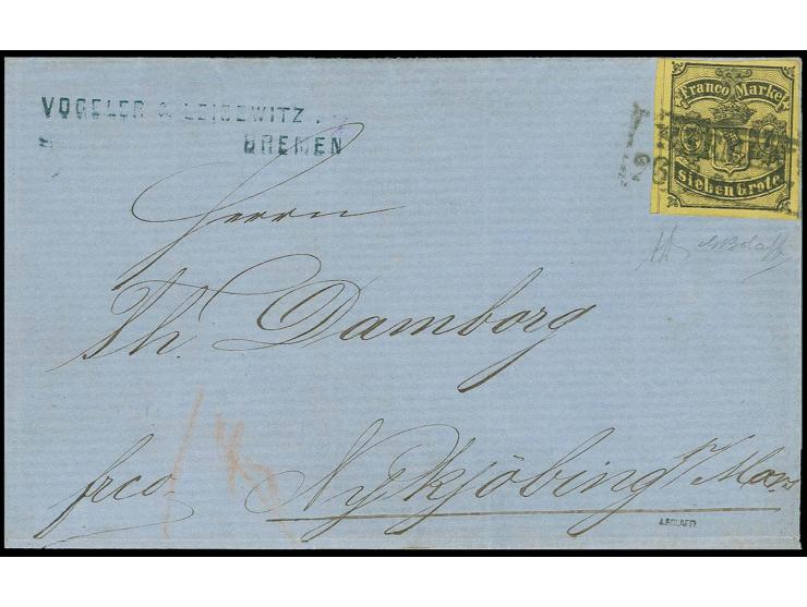 DÄNEMARK: 1860, 7 Grote auf gelb, sehr schön farbfrisch und breit- bis überrandig geschnitten mit schwarzem Ra2 "BREMEN 26 3"