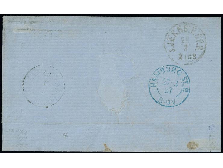 DÄNEMARK: 1860, 7 Grote auf gelb, sehr schön farbfrisch und breit- bis überrandig geschnitten mit schwarzem Ra2 "BREMEN 26 3"