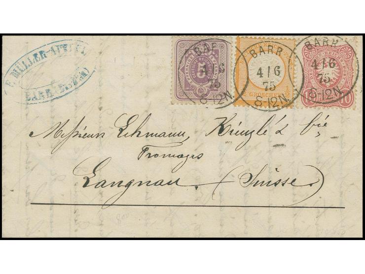 ½ Gr. orange und 1875, 5 Pfge. violett und 10 Pfge. karmin mit klarem EKr. "BARR 4/6 75" dekorativ geklebt auf Faltbrief in d