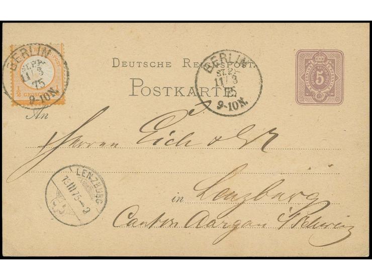 ½ Gr. orange als wertstufengleiche Mischfrankatur auf Postkarte 5 Pfge. von "BERLIN ST.P.A. 11/3 75" nach Lenzburg in der Sch
