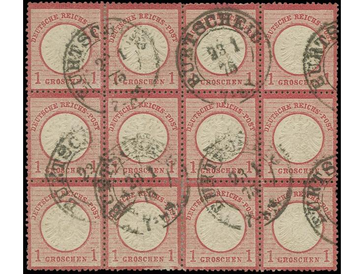 1 Kr. karmin im gestempelten 12er-Block mit mehreren Stempelabschlägen des Preußen-DKr. "BURTSCHEID 23.1.75", Marken farbfris