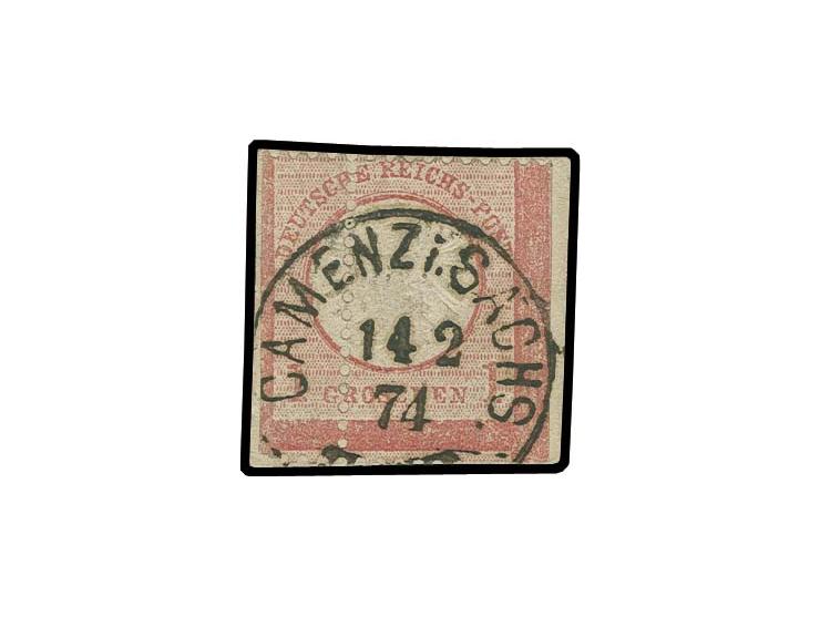 1 Gr. karmin mit EKr. "CAMENZ i. SACHS. 14 2 74" auf Briefstück, extrem stark verzähnt, ca. 7 mm rechts versetzt durch das Ma