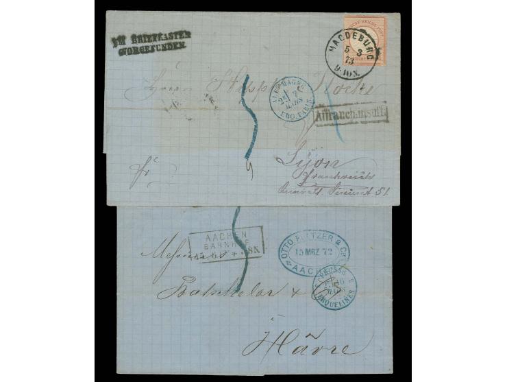  1 Gr. rötlichkarmin mit EKr. "MAGDEBURG 5 3 73" auf unzureichend frankiertem Faltbrief der 1. Gewichtstufe nach Lyon mit bla