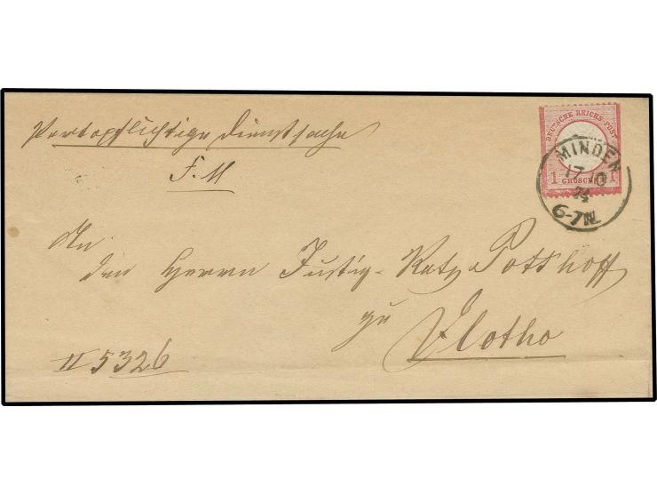 1 Gr. karmin mit EKr. "MINDEN 17 10 74" auf Dienst-Faltbrief nach Vlotho, starke vertikale Verzähnung, ca. 3,5 mm nach rechts