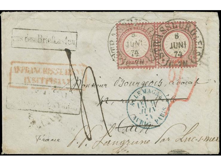  1 Gr. karmin im waagerechten Paar mit Hufeisenstempel "STRASSBURG i. ELS. 8 JUNI 74" (Spalink-Nr. 36-1N) auf kleinformatigem