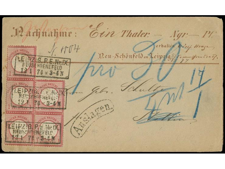 1 Gr. karmin im 5er-Block mit Ra3 "LEIPZIG P.E. Nr.IX / NEUSCHOENEFELD / 12 1 74" auf vorgedrucktem Postvorschußbrief nach St