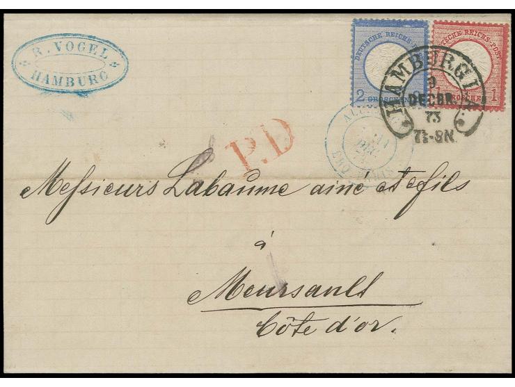  1 Gr. karmin und 2 Gr. grauultramarin mit Hufeisenstempel "HAMBURG I.A. 9 DECBR. 73" (Spalink-Nr. 17-2) auf Faltbrief nach F