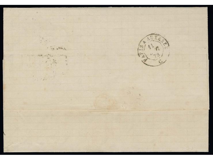 1 Gr. karmin und 2 Gr. grauultramarin mit Hufeisenstempel "HAMBURG I.A. 9 DECBR. 73" (Spalink-Nr. 17-2) auf Faltbrief nach F