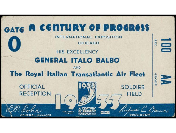 Italo Balbo's visit to Chicago: Admission ticket to Balbo reception at Soldier Field, creases, interesting item!