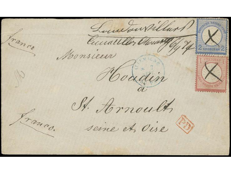  1 Gr. karmin und 2 Gr. grauultramarin mit Federkreuzentwertung und nebengesetztem Aufgabevermerk "Courcelles-Chaussy 6/9 74"