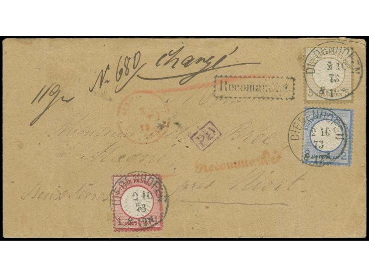  1 Gr. karmin, 2 Gr. grauultramarin und 5 Gr. ockerbraun mit klarem EKr. "DIEDENHOFEN 2 10 73" auf eingeschriebenem Brief der