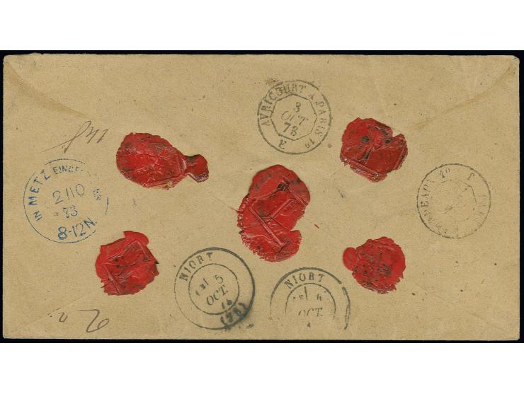  1 Gr. karmin, 2 Gr. grauultramarin und 5 Gr. ockerbraun mit klarem EKr. "DIEDENHOFEN 2 10 73" auf eingeschriebenem Brief der