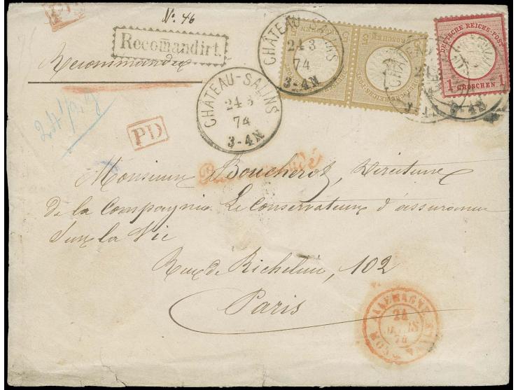  1 Gr. karmin und 5 Gr. ockerbraun im waagerechten Paar mit EKr. "CHATEAU-SALINS 24 3 74" auf eingeschriebenem Brief der 3. G