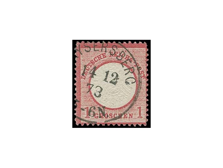 1 Gr. karmin mit Plattenfehler "Akzent über C in REICHS" und doppelter Prägung ca. 1,3 mm nach links versetzt mit klarem EKr.