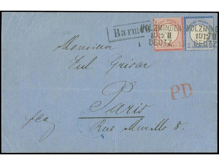  1 Gr. karmin und 2 Gr. grauultramarin mit Bahnpoststreckenstempel-L3 "HOLZMINDEN / 10 12 II / DEUTZ" und nebengesetztem Stat