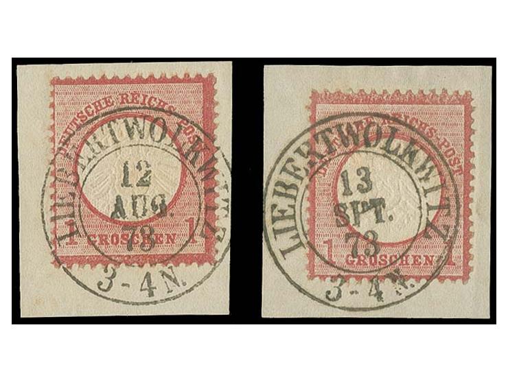 1 Gr. karmin mit doppelter Prägung mit klarem Sachsen-DKr. "LIEBERTMOLKWITZ 13 SPT. 73" auf Briefstück, die erste Prägung erf