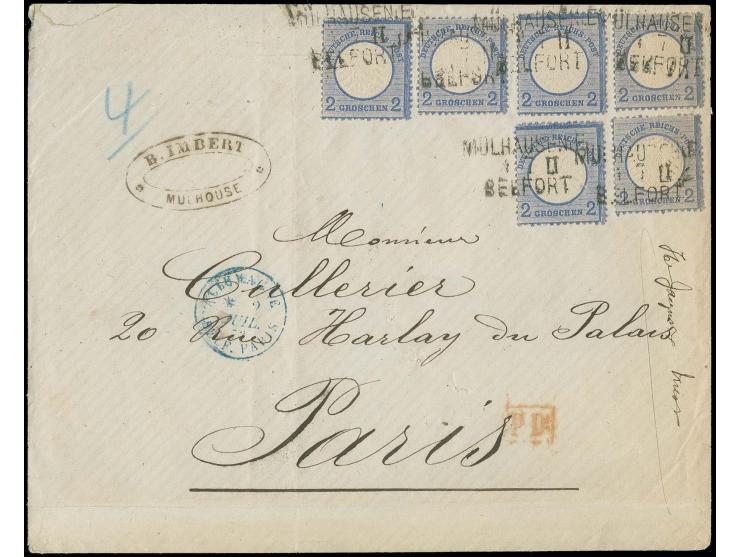  2 Gr. grauultramarin (6) mit Bahnpoststreckenstempel "MÜLHAUSEN i. E. / 1 7 II / BELFORT" als außergewöhnliche Mehrfachfrank