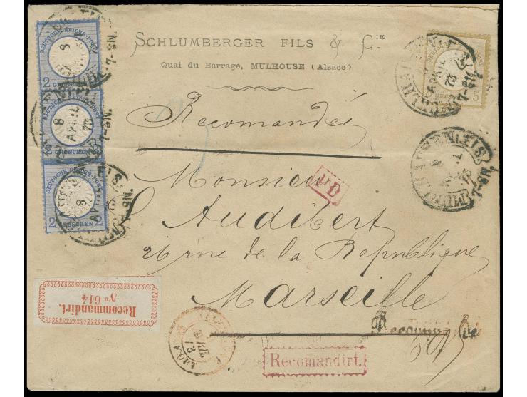  2 Gr. grauultramarin (3) und 5 Gr. ockerbraun mit Hufeisenstempel "MÜHLHAUSEN i. ELS. 8 APRIL 73" (Spalink-Nr. 26-2) auf ein