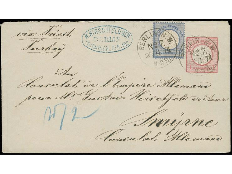 2 Gr. ultramarin als Zufrankatur auf Ganzsachenumschlag Großer Schild 1 Gr. mit EKr. "BERLIN N.W.No. 7. 25/11 74" via Triest 