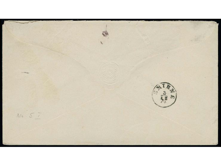 2 Gr. ultramarin als Zufrankatur auf Ganzsachenumschlag Großer Schild 1 Gr. mit EKr. "BERLIN N.W.No. 7. 25/11 74" via Triest 