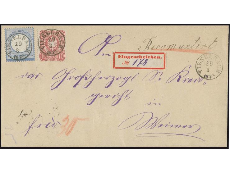 2 Gr. grauultramarin und 1875, 10 Pfge. karmin mit T&T-Ekr. "VIESELBACH 29 3 1875" auf eingeschriebenem Faltbrief nach Weimar