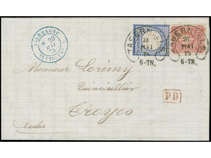  2 Gr. grauultramarin und 10 Pfge. karmin Ausgabe 1875 mit Hufeisenstempel "ZABERN i. ELS. 28 MAI 75" (Spalink-Nr.  41) auf F