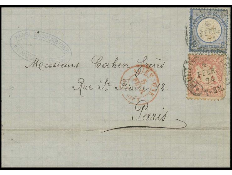 2 Gr. grauultramarin und Bayern 1870, 3 Kr. rosa mit Hufeisenstempel "MÜHLHAUSEN i. ELS. 4 FEBR. 74" (Spalink-Nr. 26-4) auf F