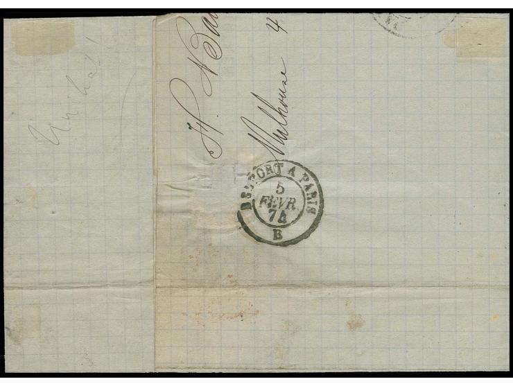 2 Gr. grauultramarin und Bayern 1870, 3 Kr. rosa mit Hufeisenstempel "MÜHLHAUSEN i. ELS. 4 FEBR. 74" (Spalink-Nr. 26-4) auf F
