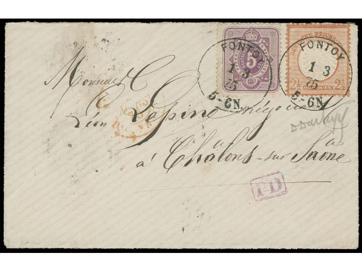 2½ Gr. rötlichbraun und 1875, 5 Pfge. violett mit klarem EKr. "FONTOY 1 3 75" auf kleinformatigem Brief nach Frankreich, Prac