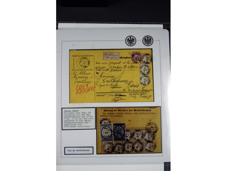  2½ Gr. rötlichbraun, 5 Gr. ockerbraun (13) und 1875, 10 Pfge. karmin mit EKr. "PÜTTLINGEN I. LOTHR. 10 3 75", vorder- und rü